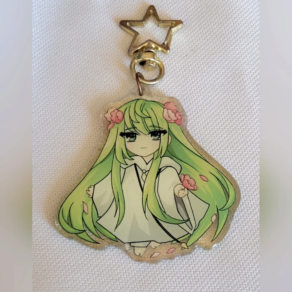 Green Anime Glittered Doubled Sided Holo Keychain with Star Clip